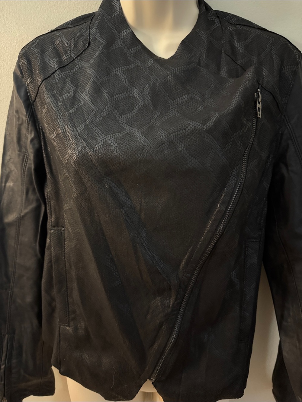 Blank NYC Black Textured Asymmetric Zip Leather Jacket